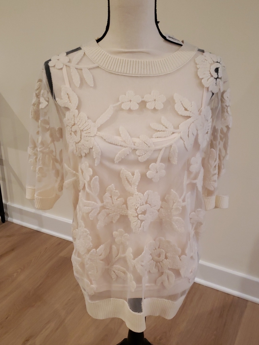 Ivory Floral Appliqué Sheer Knit Top with Spaghetti Strap Top Included
